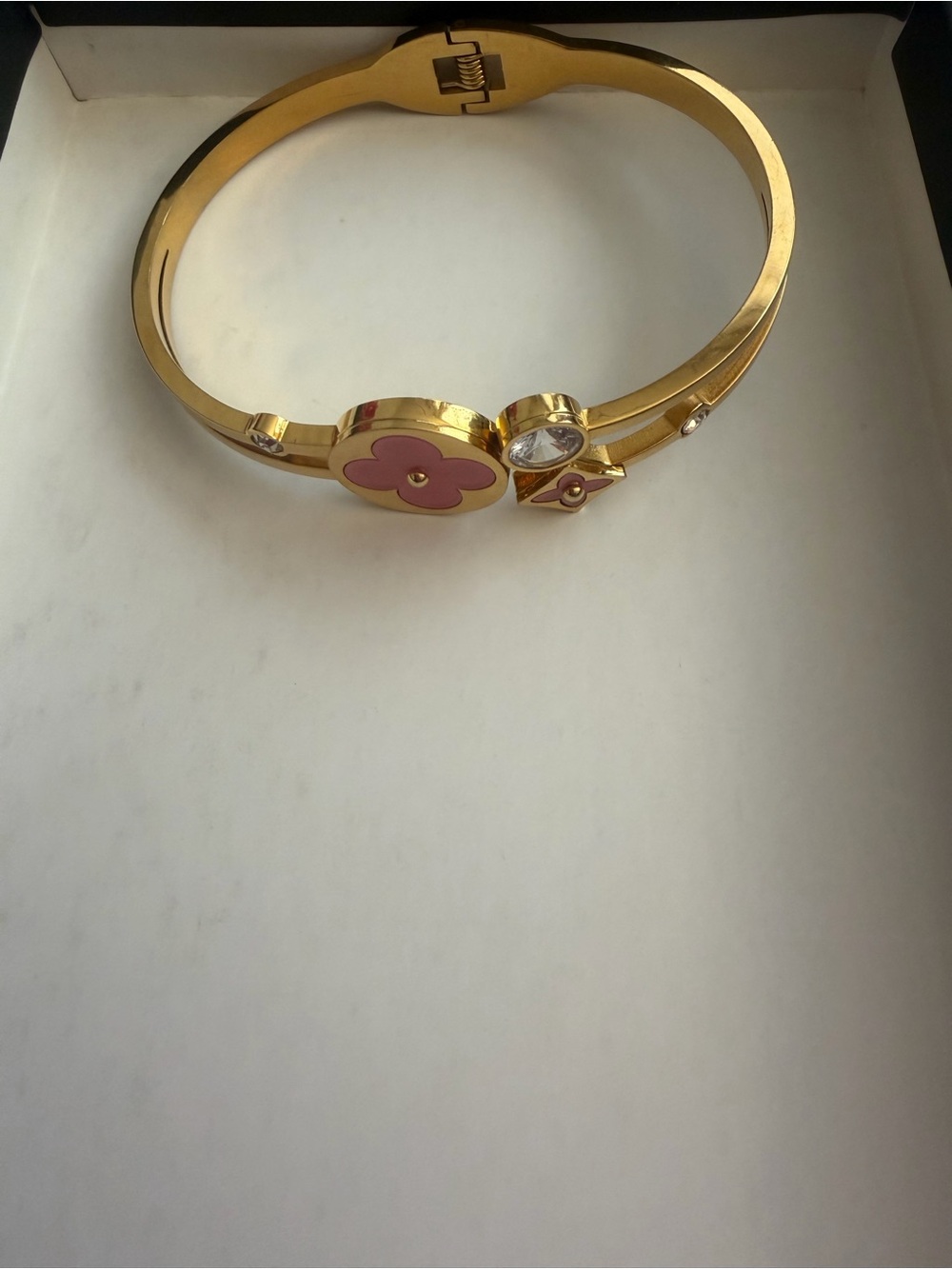 Gold-Tone Pink Flower Bangle Bracelet